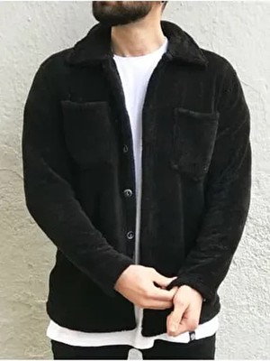 Insane Minds Unisex Siyah Pelüş Ceket Uzun Kol Düğmeli Yaka Cep Detaylı Regular Kalıp Örme Kumaş