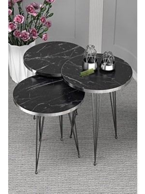 Gold Falez Zigon Sehpa Siyah Tel Ayak Gümüş Bendir Modern Tasarım 3 Adet Yuvarlak Suntalam Malzeme