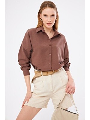 Kadın Kahve Oversize Uzun Basic Gömlek ARM-22Y001118