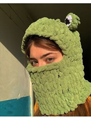Sevimli Kurbağa Puffy Bere El Yapımı Kar Maskesi Erkekler İçin Yeşil Tasarım L Beden