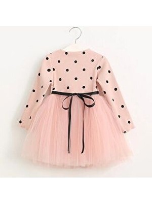 Şirin Şeyler Butiği Linda Uzun Kol Kız Bebek Çocuk Prenses Kabarık Tütü Puantiyeli Esnek Likralı Somon Tütülü Elbise Bayramlık Hediyelik