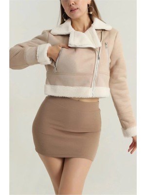 Içi Kürklü Dışı Süet Kısa Kaban Bej T1186