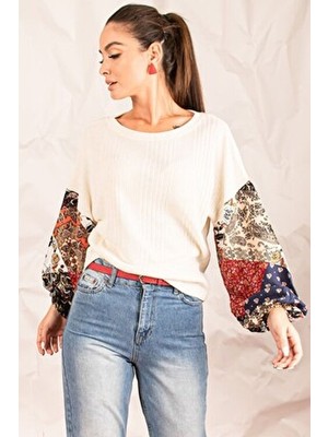 Armonika Kadın Ekru Balon Kol Desenli Triko Bluz Viskon Kumaş Bisiklet Yaka Slim Fit Kalıp
