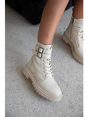 Straswans Ares  Kadın Kemer Detay Hakiki  Deri  Postal  Bot Bej