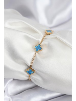 316L Çelik Gold Renk Buz Mavisi Baby Boy Yonca Kadın Bileklik - PRT3500EB08981