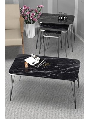 Gold Falez Zigon Sehpa Kr Set Gümüş Bendir Tel Ayak Siyah Modern Tasarım Kare 4 Adet