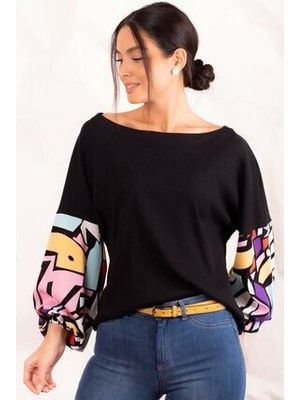 Kadın Siyah Kolu Renkli Salaş Bluz ARM-20K001085