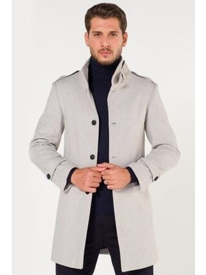 AtakGiyim Erkek Kırçıllı Beyaz Dik Kemerli Yaka Kaşe Ezel Kaban Dar Kalıp Günlük Stil