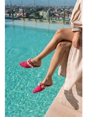 Angelina Jones Kadın Fusya Renkli Denizkabuklu Hasır Terlik Kısa Topuklu Rahat Kullanım