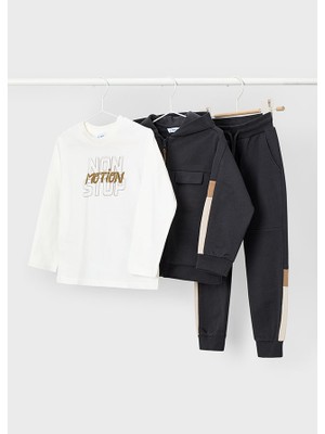 Mayoral 4-10 Yaş Erkek Çocuk 3’lü Takım – Gri Fermuarlı Hırka, Ekru Baskılı Uzun Kollu Tişört, Gri Eşofman Altı