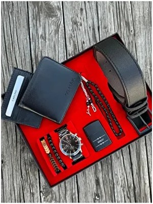 Siyah Renk Erkek Kol Saati Kemer Cüzdan Kartlık Çakmak Tesbih Bileklik Seti XZ56