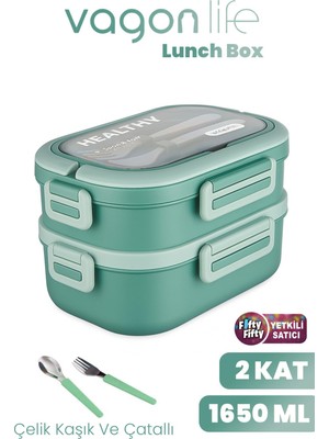 1650 ml Iki Kat Üç Bölme Paslanmaz Çelik Lunch Box Yeni Nesil Sefer Tası - Kaşık ve Çatallı -6715