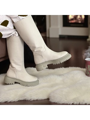 Bej Mat Deri Diz Altı Kadın Günlük Çizme