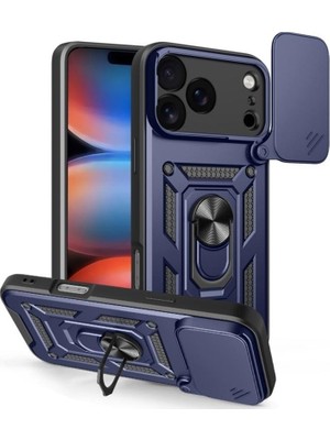 Gpack iPhone 17 Pro Max Uyumlu Kılıf Pars Sürgülü Kamera Korumalı Yüzüklü Sert Silikon Lacivert