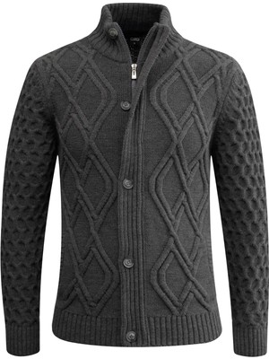 Erkek Kalın Örgü Triko Hırka Düğmeli ve Fermuarlı Cepli Klasik Kalıp - 5248M