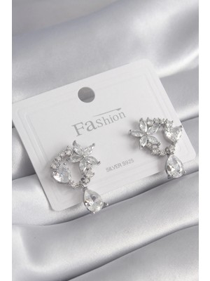 Pirinç Gümüş Renk Zirkon Taşlı Çiçek Model Sallantı Detay Kadın Küpe