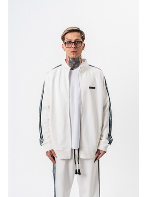 Erkek Dark Striped Şerit Detaylı Dik Yaka Doubleface Zip Oversize Sweatshirt Ekru