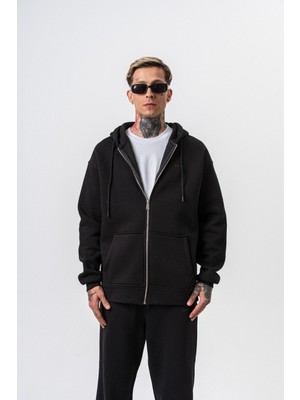 Erkek Respire Yazı Detaylı Kapüşonlu Basic Zip Oversize Hoodie Siyah