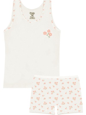 Öts Kız Çocuk Atlet Boxer Likralı Ekru Çiçekli (%96 Pamuk - %4 Elastan)