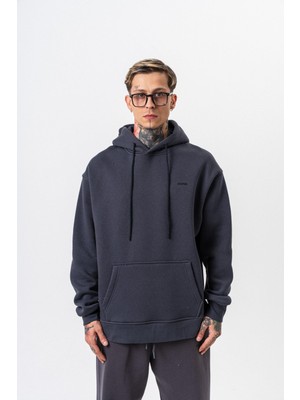 Erkek Respire Yazı Detaylı Kapüşonlu Basic Oversize Hoodie Füme
