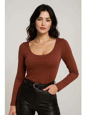 Kadın Bordo U Yaka Uzun Kollu Bluz