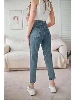 Kar Mavi Mom Jean Kadın Boyfriend Yüksek Bel Likralı Kot Pantolon