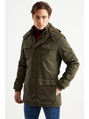 Erkek Askeri Yeşil Kapüşonlu Kürk Astarlı Su Geçirmez Kaplamalı Kalın Kaban