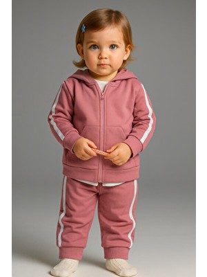Mai Perla Yandan Çizgili Kanguru Cepli Fermuarlı Sports Wear Unisex Bebek Takım 2 Li Pembe Renkli