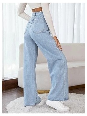 Limabel Kadın Mavi Likralı Wide Leg Salaş Geniş Paça Kot Pantolon Pamuk - Elastan Regular Kesim