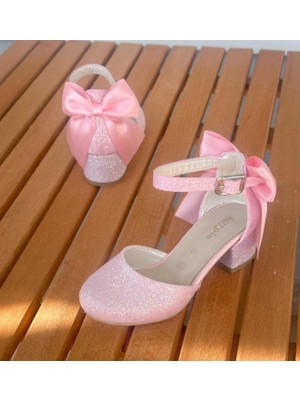 Surpie Shoes Kız Çocuk Abiye Topuklu Ayakkabı Kalın Topuk Oval Stil 3.5 cm Pembe