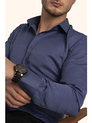 Indigo Kahve Düğmeli Slimfit Erkek Gömlek