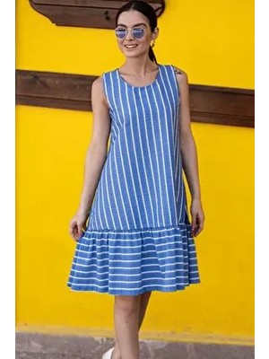 Armonika Kadın Çizgili Kolsuz Eteği Fırfırlı A-Line Elbise Günlük Stil İçin Mavi