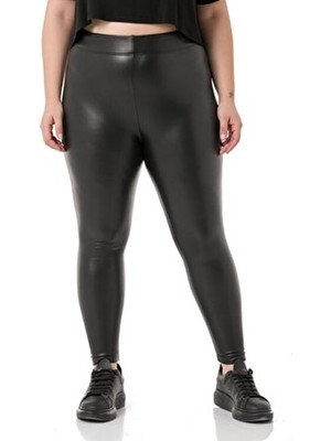 Büyük Beden Beli Lastikli Bilek Hizasında Siyah Deri Tayt