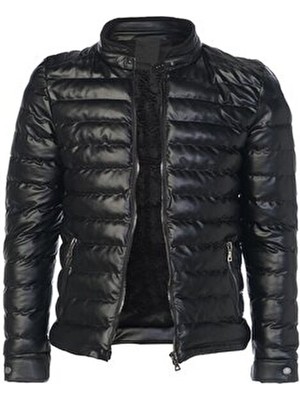 Erkek Siyah Slim Fit Içi Kalın Kürklü Su Itici Şişme Deri Ceket & Mont