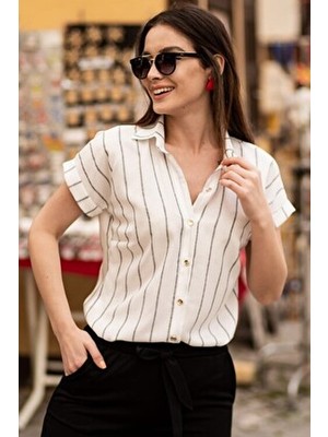Kadın Füme Keten Çizgili Kısa Kol Gömlek ARM-19Y001067
