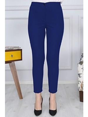 Gül Moda Kadın Lacivert Kemerli Dar Paça Likralı Kumaş Pantolon Dokuma Cepsiz G011