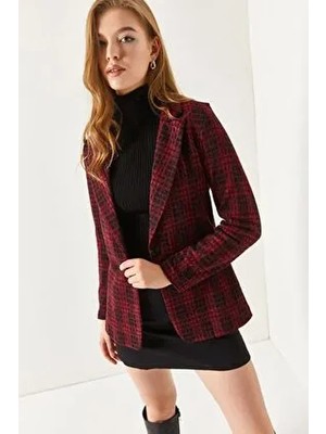 Kadın Bordo Kaşe Tek Düğmeli Ekose Ceket ARM-19K001131