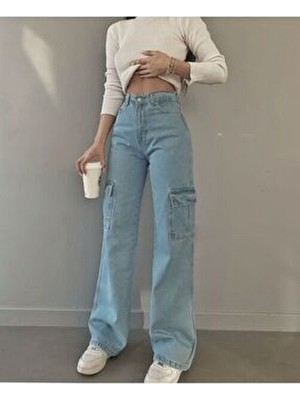 Shevega Buz Mavi Kargo Cepli Kadın Likralı Yüksek Bel Salaş Bol Paça Denim Pantolon Flare Jean