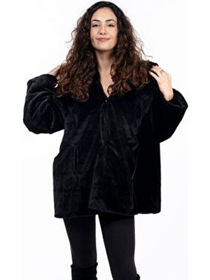 KürkZone Kadın Siyah Kapüşonlu Kürk Kaban Dokuma Kumaş ile Günlük Kullanım İçin Tasarlandı