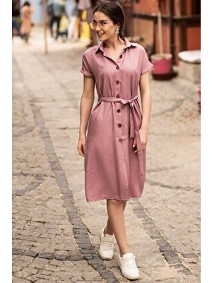 Kadın Gül Kurusu Beli Kemerli Kısa Kol Gömlek Elbise ARM-19Y001068