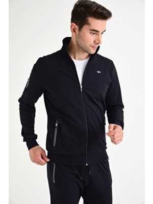 Erkek Lacivert Eşofman Üstü Dik Yakalı Fermuarlı Cepli