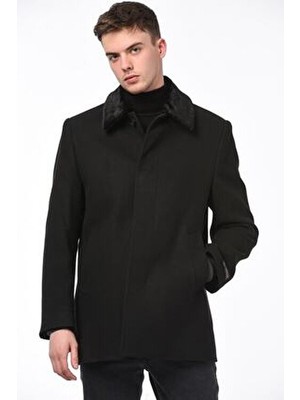 Dynamo Erkek Siyah Suni Kürklü Yaka Yün Karışımlı Kaşe Kaban Polyester Malzeme ile Casual Stil