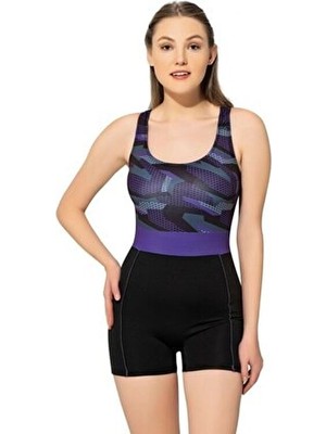 Argisa Desenli Şortlu Yüzücü Kadın Mayo 6506 Siyah Renkli Desenli Büyük Beden Modeli