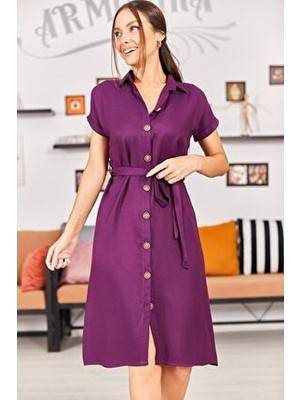 Kadın Mürdüm Beli Kemerli Kısa Kol Gömlek Elbise ARM-19Y001068