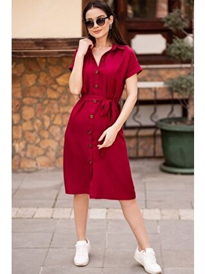 Armonika Kadın Bordo Kısa Kol Gömlek Elbise Beli Kemerli Günlük Stil Yılbaşı İçin ARM-19Y001068