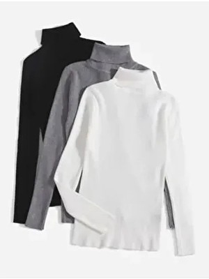 Unisex Siyah Gri Beyaz Set Pamuklu Balıkçı Yaka Kaşkorse Şardonlu Slimfit Boğazlı Kazak