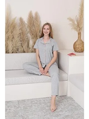 Gri Renk Biyeli Pamuklu Uzun Kol Pijama Takımı