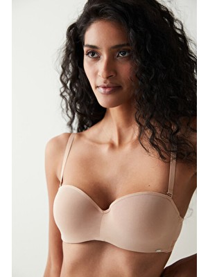 Bej Angelina Straplez Balenli Push Up Sütyen