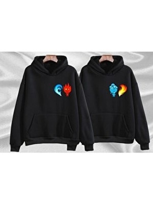 Hunors Sportswear & Company Ateş ve Su Baskılı Tasarım 2 Sevgili Kombini Kapüşonlu Erkek Sweatshirt Uzun Kol %100 Organik Pamuk