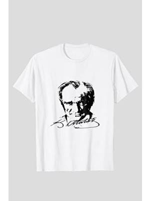 Belirtilmemiş Atatürk Baskılı Unisex Kısa Kol T-Shirt Beyaz Kumaş Günlük Stil Regular Fit